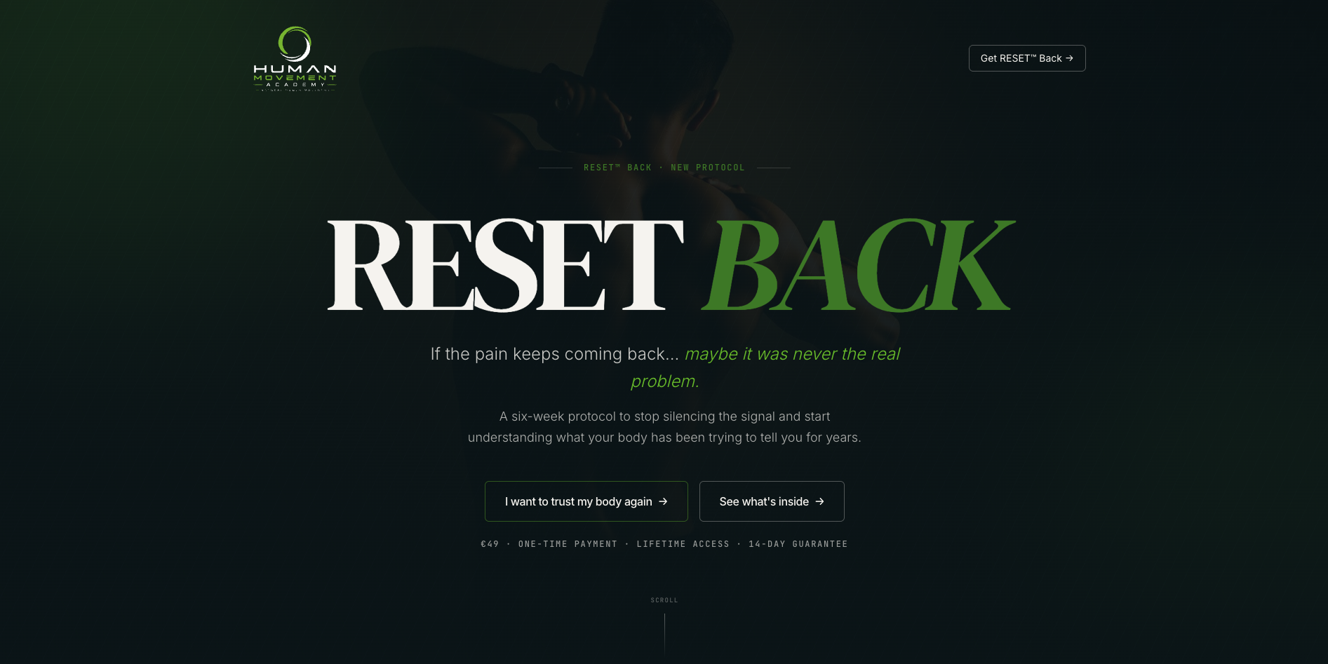 Página de venta del producto digital RESET Back vista en portátil